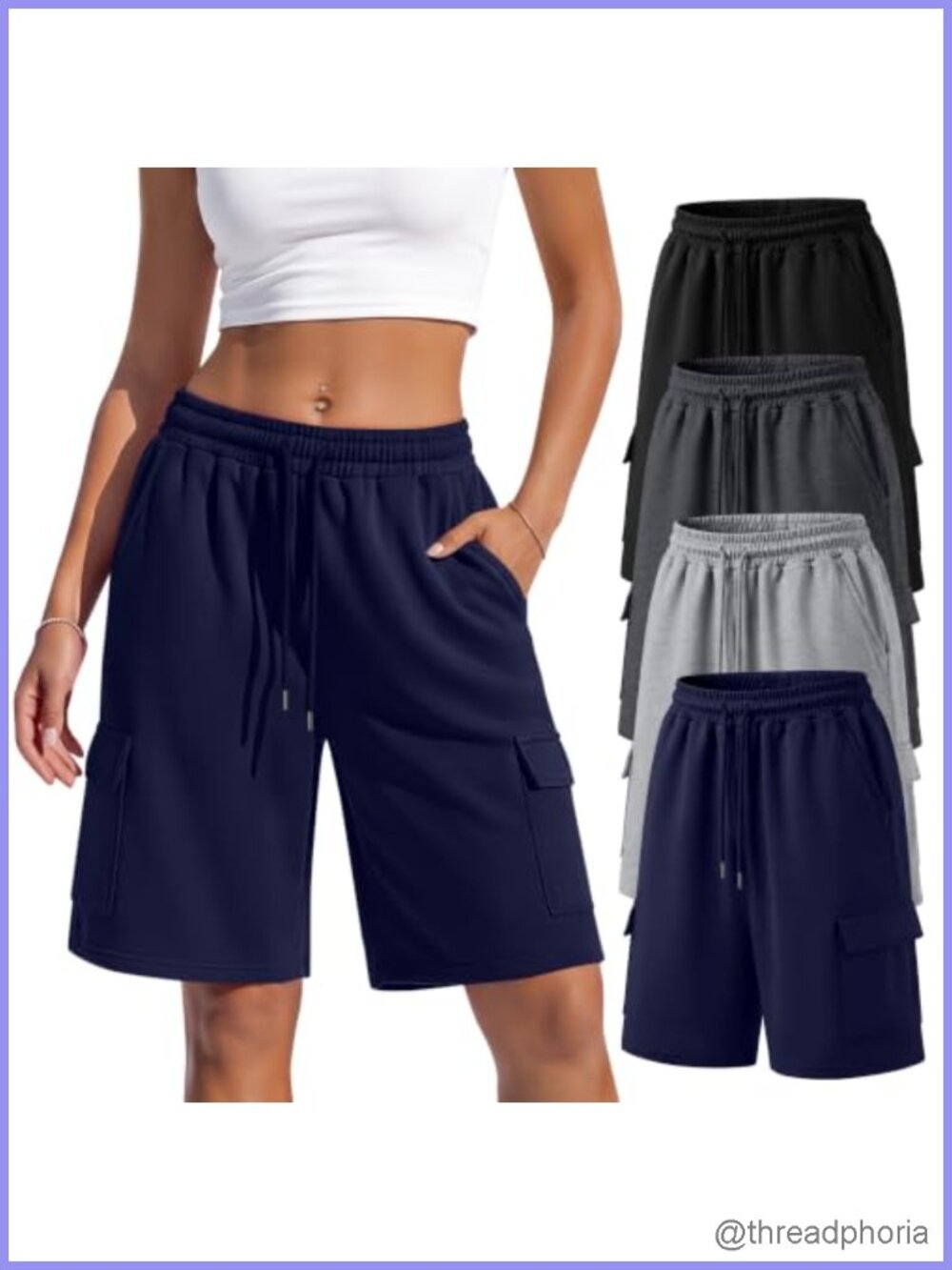 4 Pack Women's Bermuda Shorts Mid Rise Drawstring Cargo Wide Leg Casual